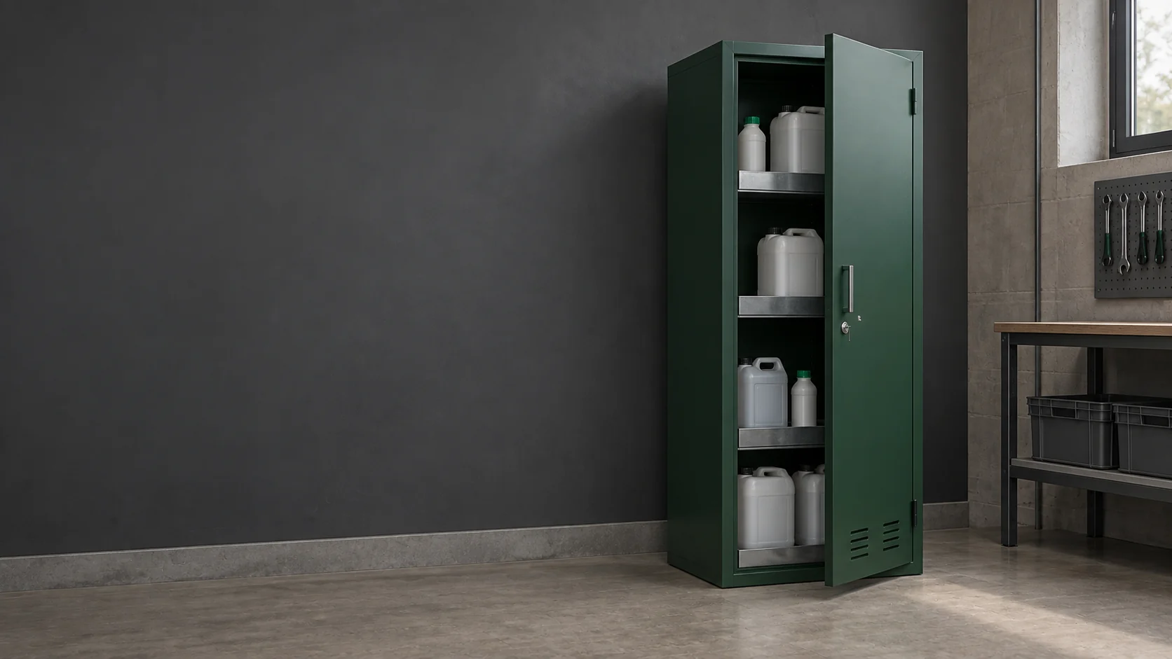 Groene opslagkast met gesloten jerrycans en flessen in opvangbakken.