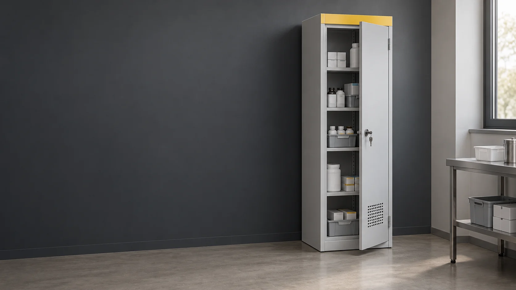 Lichtgrijze afsluitbare kast met gesloten medicijnverpakkingen in een klinische werkruimte.