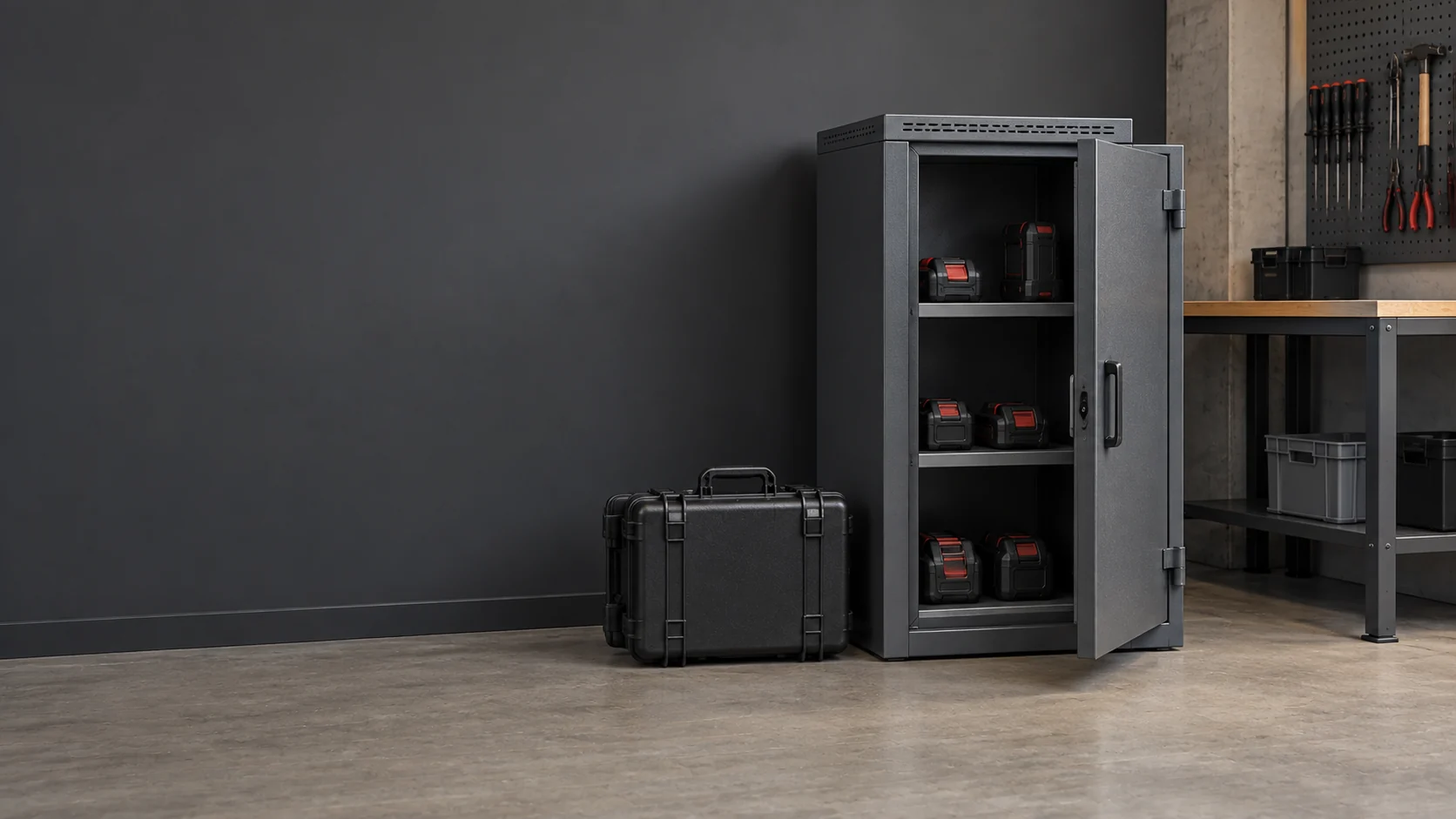 Grijze opslagkast met batterijpacks en een gesloten transportkoffer.