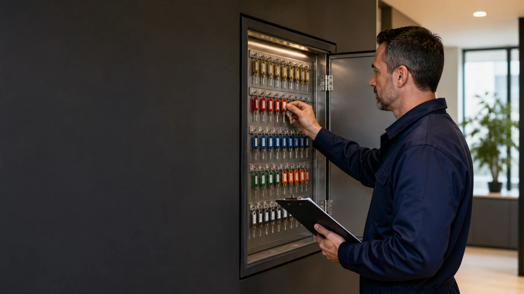 Gebouwbeheerder inventariseert geordende sleutels in een sleutelkluis