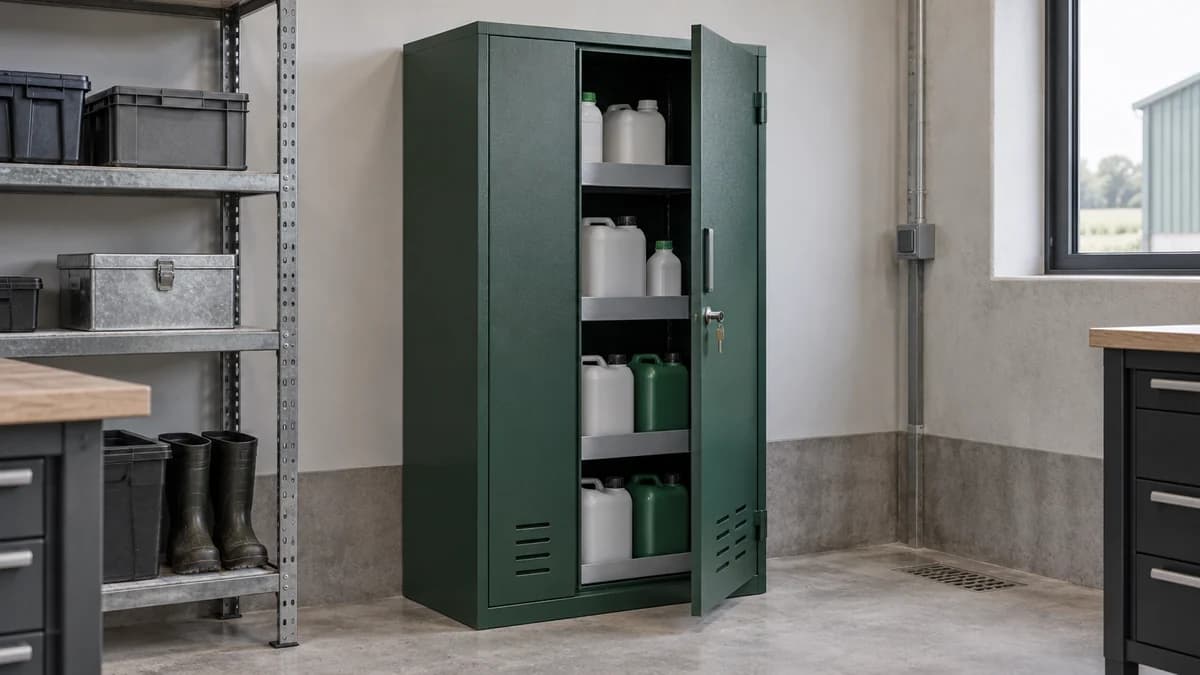 Groene opslagkast met gesloten jerrycans en flessen in opvangbakken.