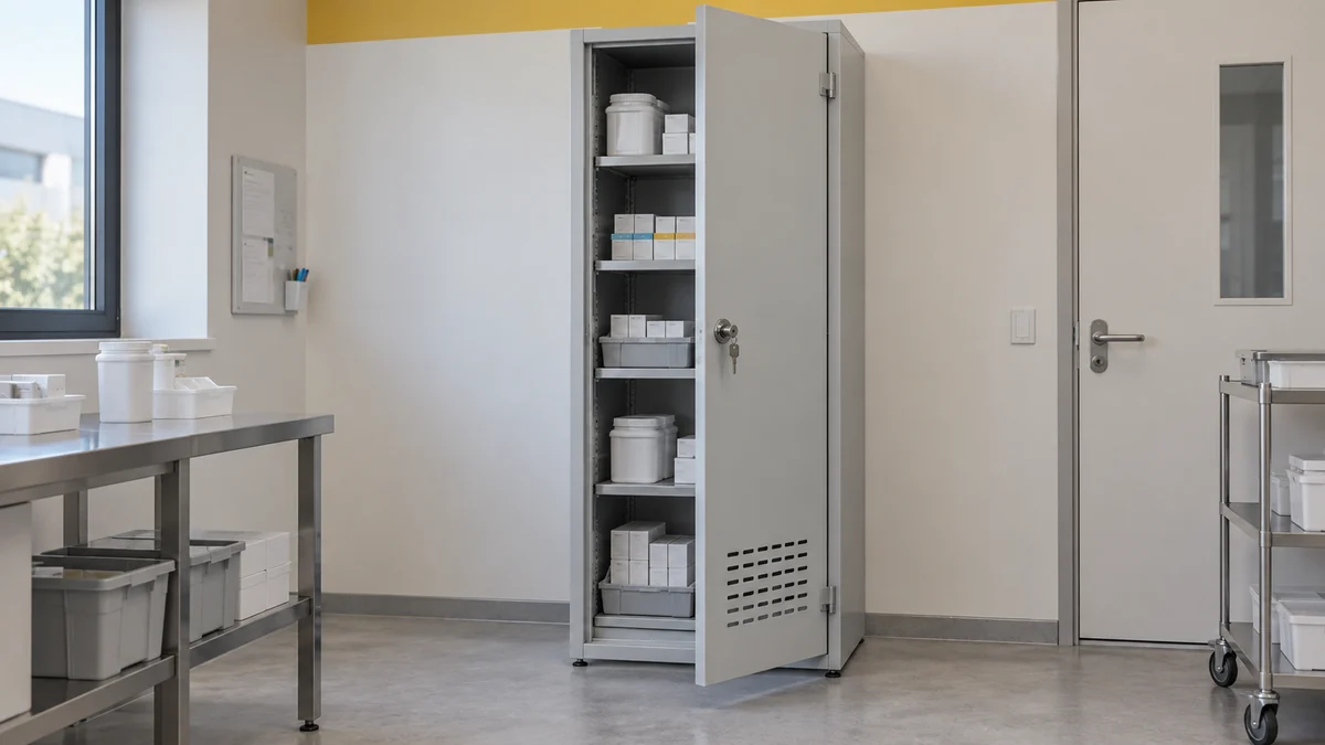 Lichtgrijze afsluitbare kast met gesloten medicijnverpakkingen in een klinische werkruimte.