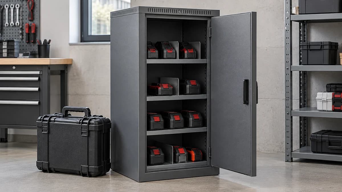 Grijze opslagkast met batterijpacks en een gesloten transportkoffer.
