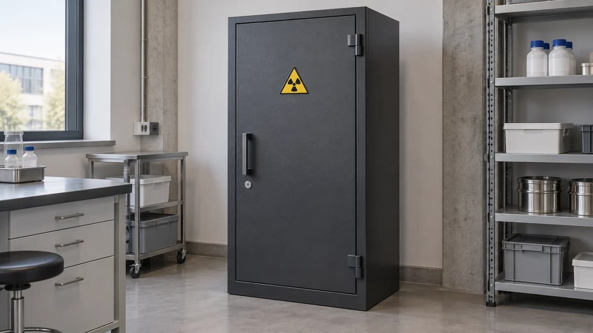 Gesloten grijze opslagkast met een stralingssymbool in een laboratoriumruimte.